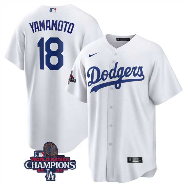 Mens Los Angeles Dodgers #18 Yoshinobu Yamamoto White 2024 World Series Champions Cool Base Stitched Baseball Jersey